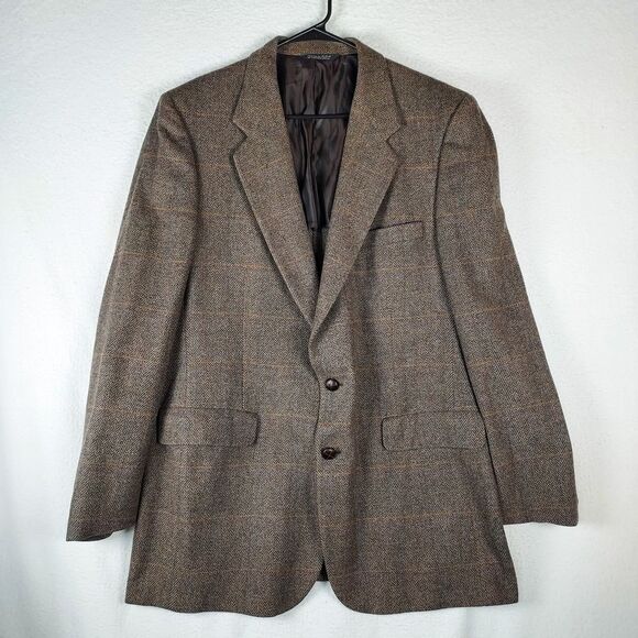 Vintage Kingsridge 44R Pure Wool Brown Plaid Herringbone Blazer Sport Coat - Picture 1 of 12